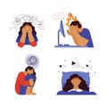 Collection of mental disorder cartoons. Anxiety, Emotional burnout syndrome, Depression, Insomnia. Modern flat vector illustration